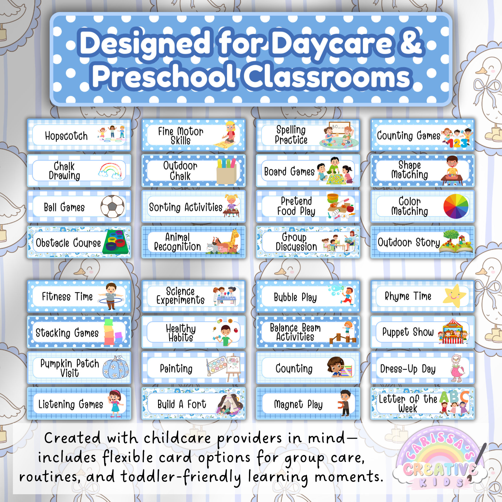 This image showcases a wide variety of editable visual schedule cards tailored for daycare and preschool classrooms. Titled “Designed for Daycare & Preschool Classrooms,” the image highlights over 30 activity cards including pretend play, puppet shows, chalk drawing, sensory games, and group routines. Each card features colorful illustrations and clear labels for easy recognition by toddlers and young learners. The caption notes that this set was created with childcare providers in mind, offering flexibilit