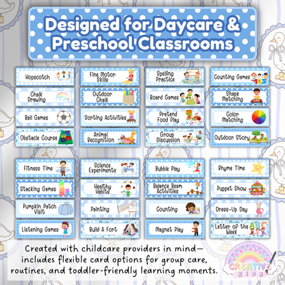 This image showcases a wide variety of editable visual schedule cards tailored for daycare and preschool classrooms. Titled “Designed for Daycare & Preschool Classrooms,” the image highlights over 30 activity cards including pretend play, puppet shows, chalk drawing, sensory games, and group routines. Each card features colorful illustrations and clear labels for easy recognition by toddlers and young learners. The caption notes that this set was created with childcare providers in mind, offering flexibilit