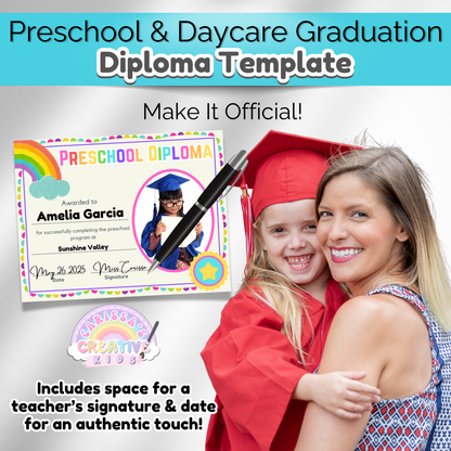 Editable preschool graduation diploma with space for teacher signature and date, shown with child in red cap hugging mom—perfect for making graduation celebrations feel official.