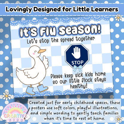 Preschool Flu Season Poster – Printable Daycare Health Sign for Sick Policy Reminders with Cute Goose Illustration and Stop Sign Symbol