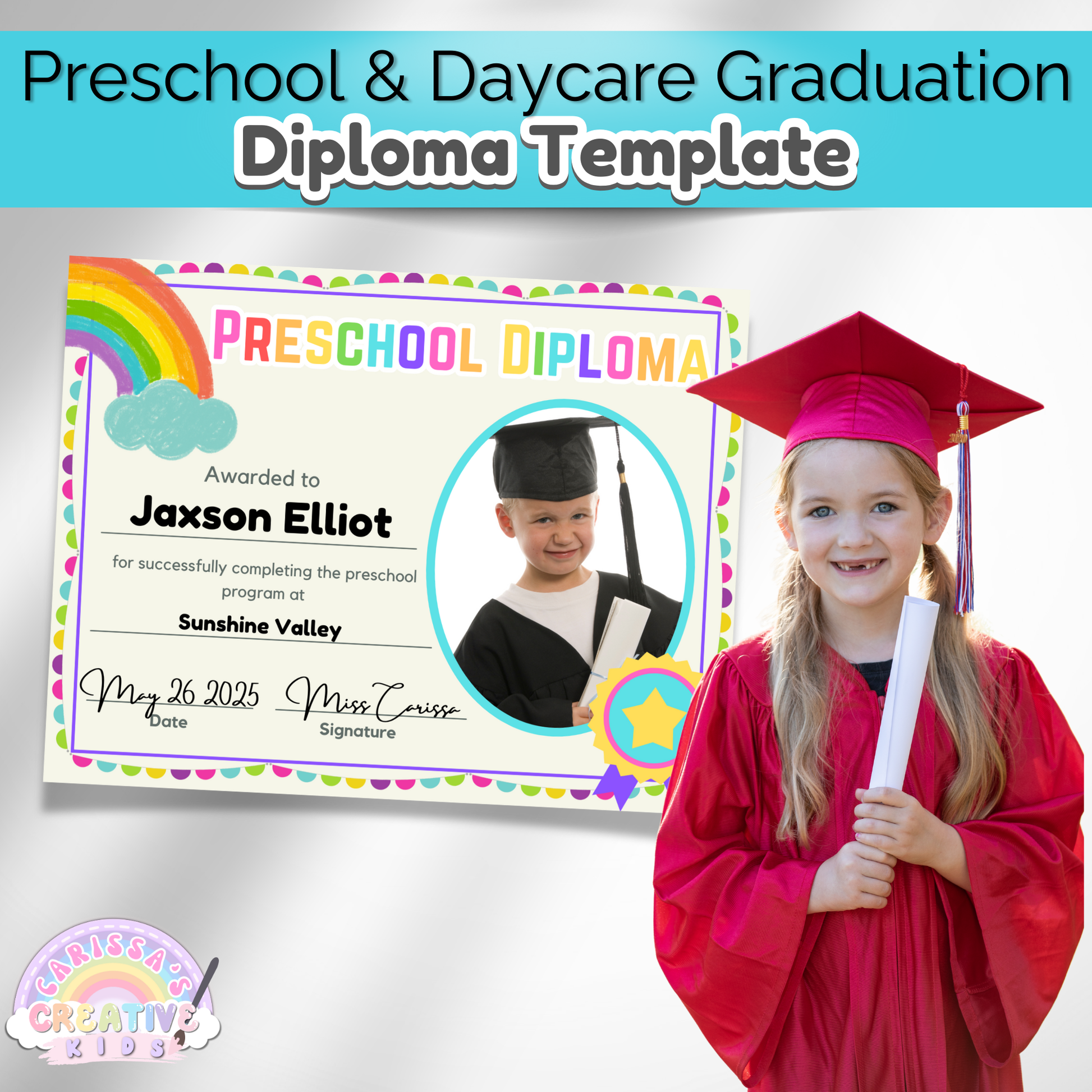 Editable preschool and daycare diploma template with rainbow border and child graduate in red cap and gown holding certificate—perfect for graduation ceremonies and keepsake gifts.