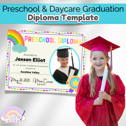 Editable preschool and daycare diploma template with rainbow border and child graduate in red cap and gown holding certificate—perfect for graduation ceremonies and keepsake gifts.