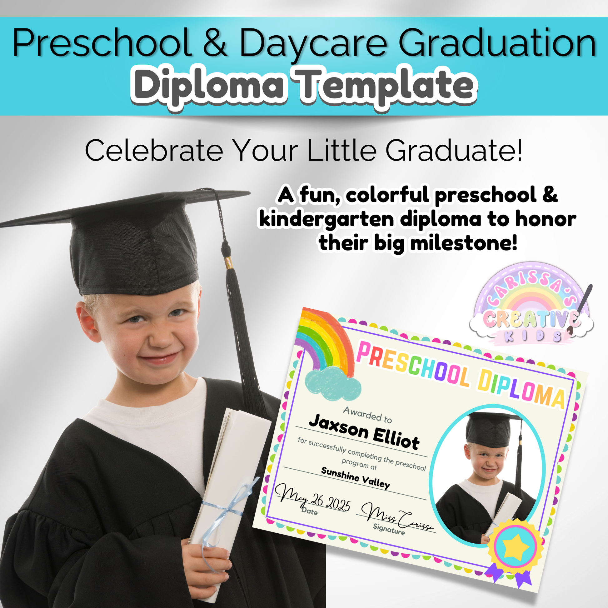 Smiling preschool graduate holding rolled certificate next to editable rainbow-themed preschool diploma. Perfect printable award template for preschool, daycare, or kindergarten graduation.