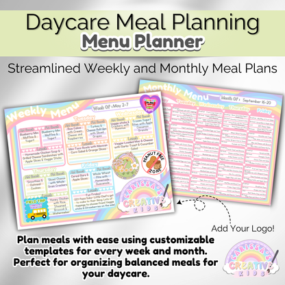 Weekly meal planner for daycare and preschool. Organize breakfast, lunch, and snacks effortlessly.