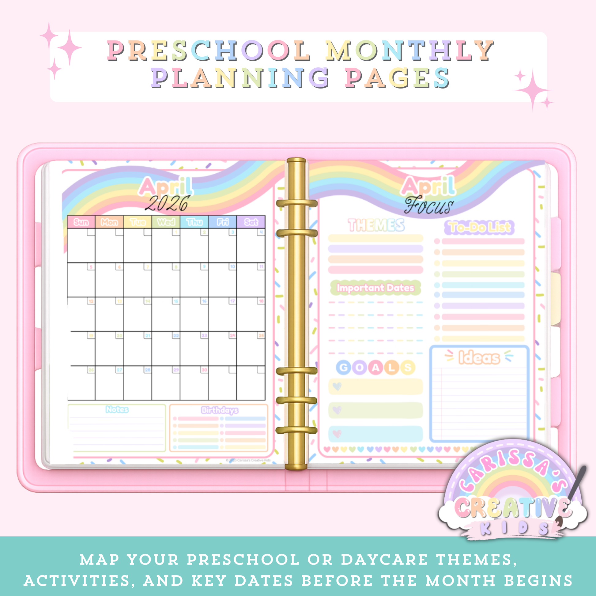 Preschool monthly planning pages preview for the Confetti Rainbow 2026–2027 printable calendar, showing a two-page spread with a monthly calendar grid (notes and birthdays) alongside a matching monthly focus page for themes, to-dos, goals, important dates, and ideas.