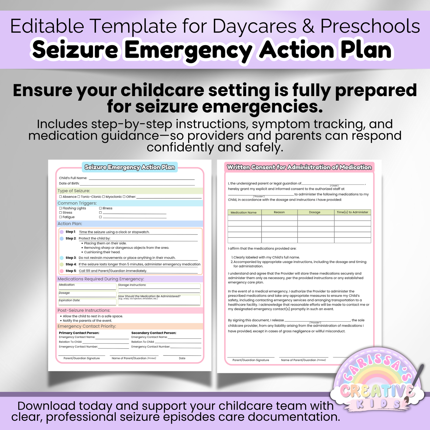 Preschool and daycare seizure action plan template for emergency preparedness, symptom tracking, and medication documentation.