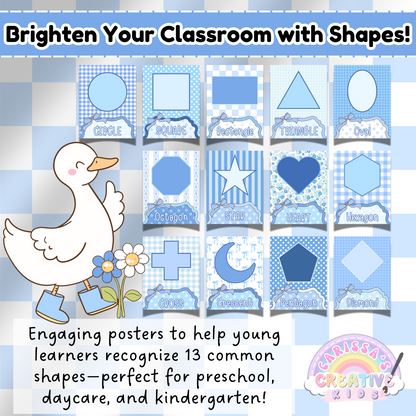 Educational classroom shape posters featuring 13 pastel designs in a silly goose theme. Poster designs include circle, triangle, square, star, and more on soft gingham backgrounds. Ideal for preschool, daycare, or kindergarten classroom decor and early learning shape recognition.