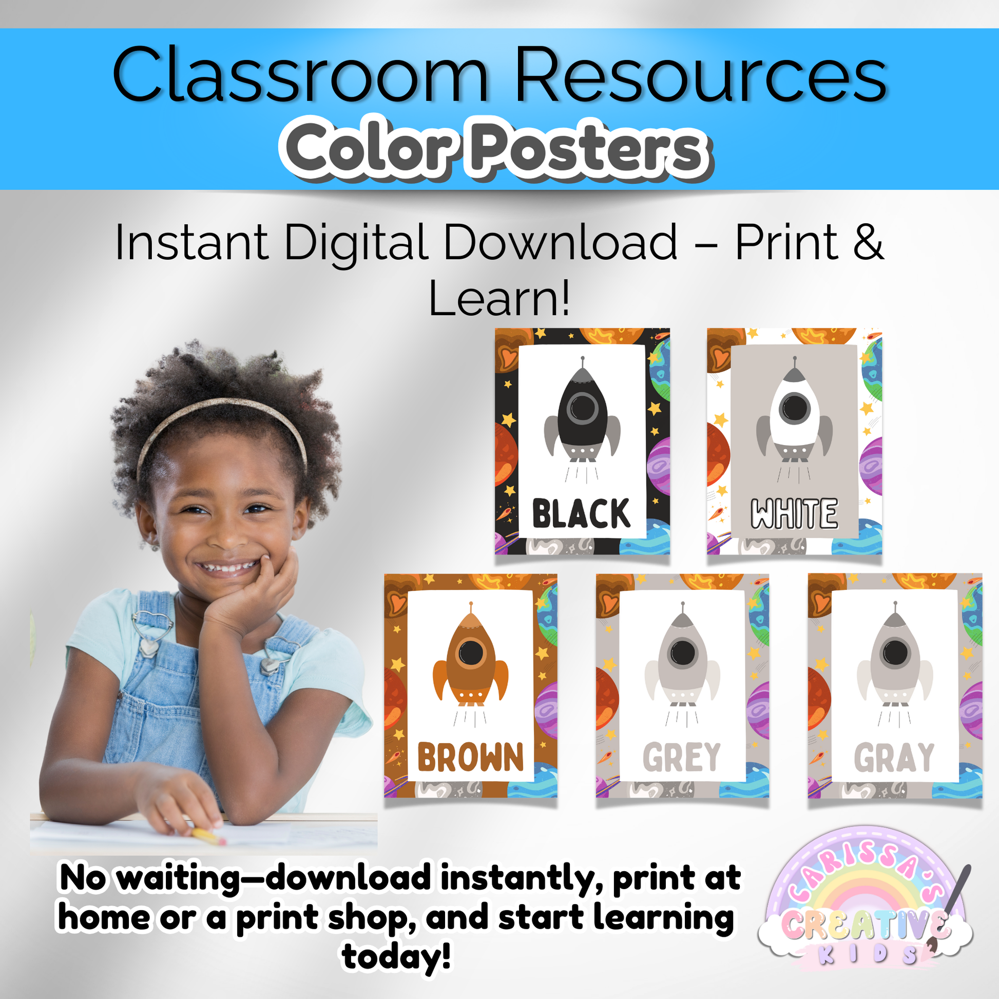 Playroom decor with space-themed color posters. Fun and educational for toddlers and preschoolers.