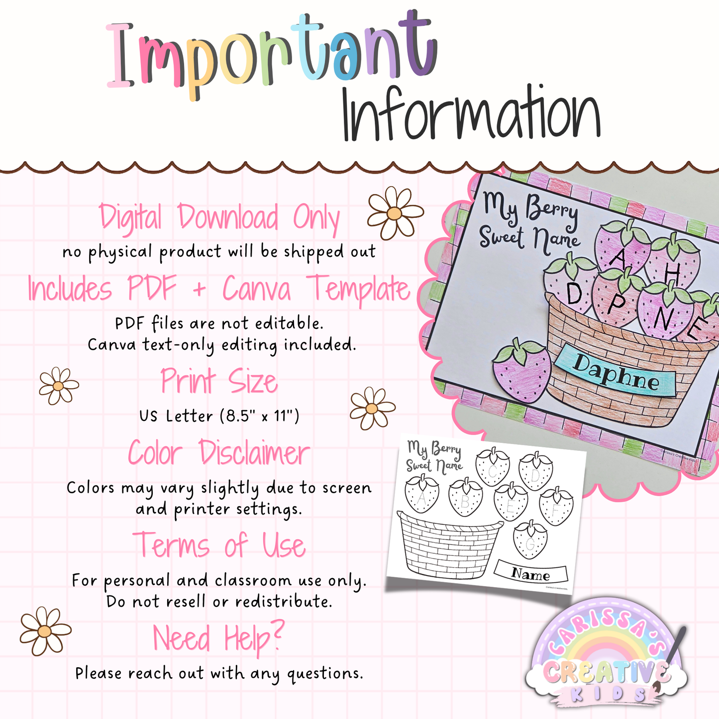 Important information page for preschool strawberry name craft digital download with Canva template details, print size, color disclaimer, and terms of use.