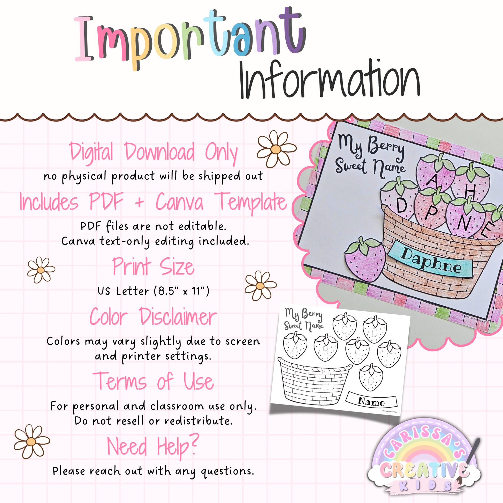 Important information page for preschool strawberry name craft digital download with Canva template details, print size, color disclaimer, and terms of use.