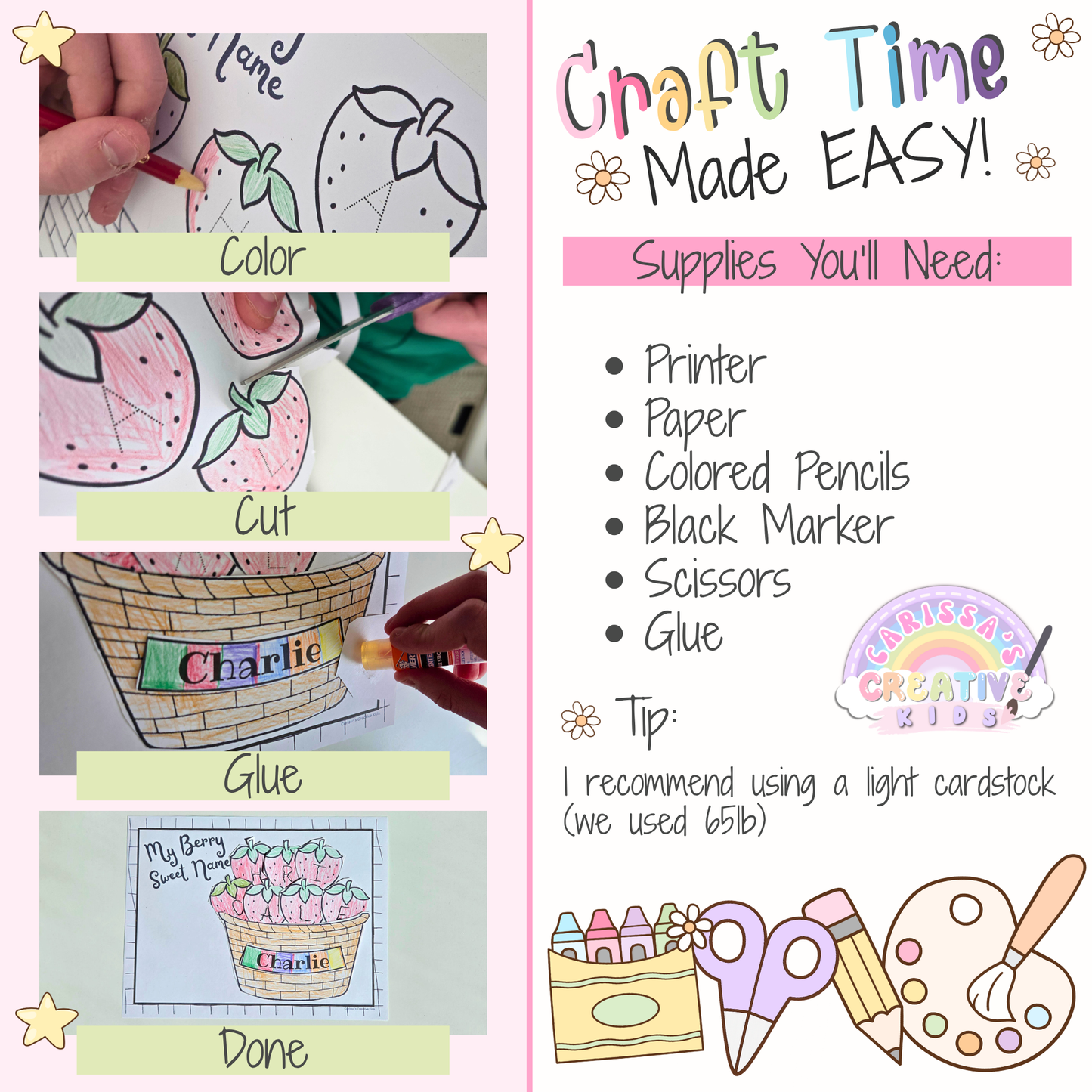 Preschool strawberry name craft instructions with step-by-step photos for coloring, cutting, gluing, and finished spring activity.