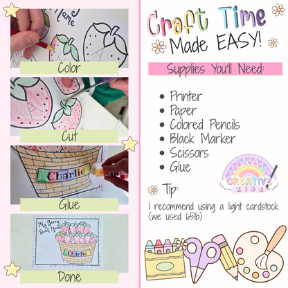 Preschool strawberry name craft instructions with step-by-step photos for coloring, cutting, gluing, and finished spring activity.
