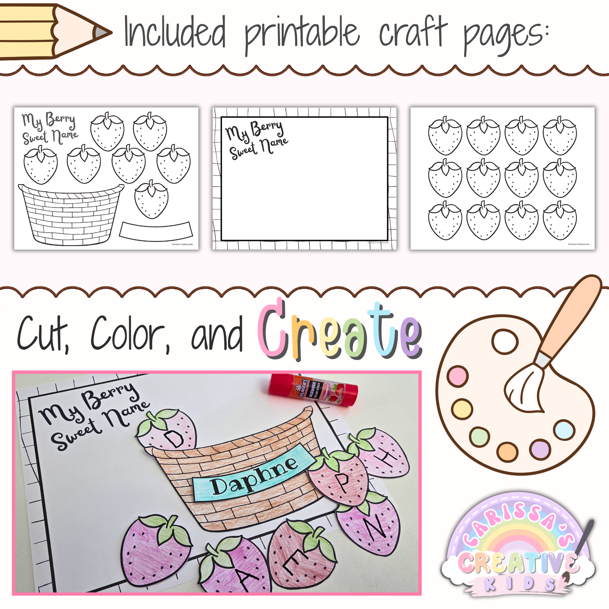 Preschool strawberry name craft printable pages with basket template, background page, strawberry letters, and finished sample activity.