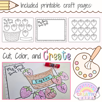 Preschool strawberry name craft printable pages with basket template, background page, strawberry letters, and finished sample activity.