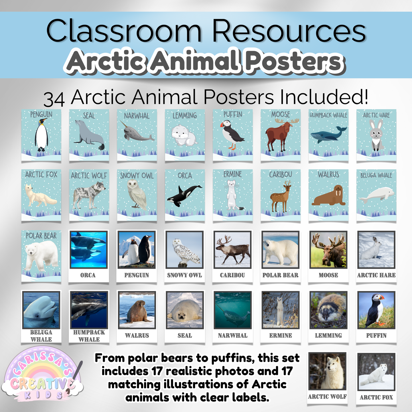 Printable winter classroom decor with Arctic animals. Beautiful educational wall art for teachers and parents.
