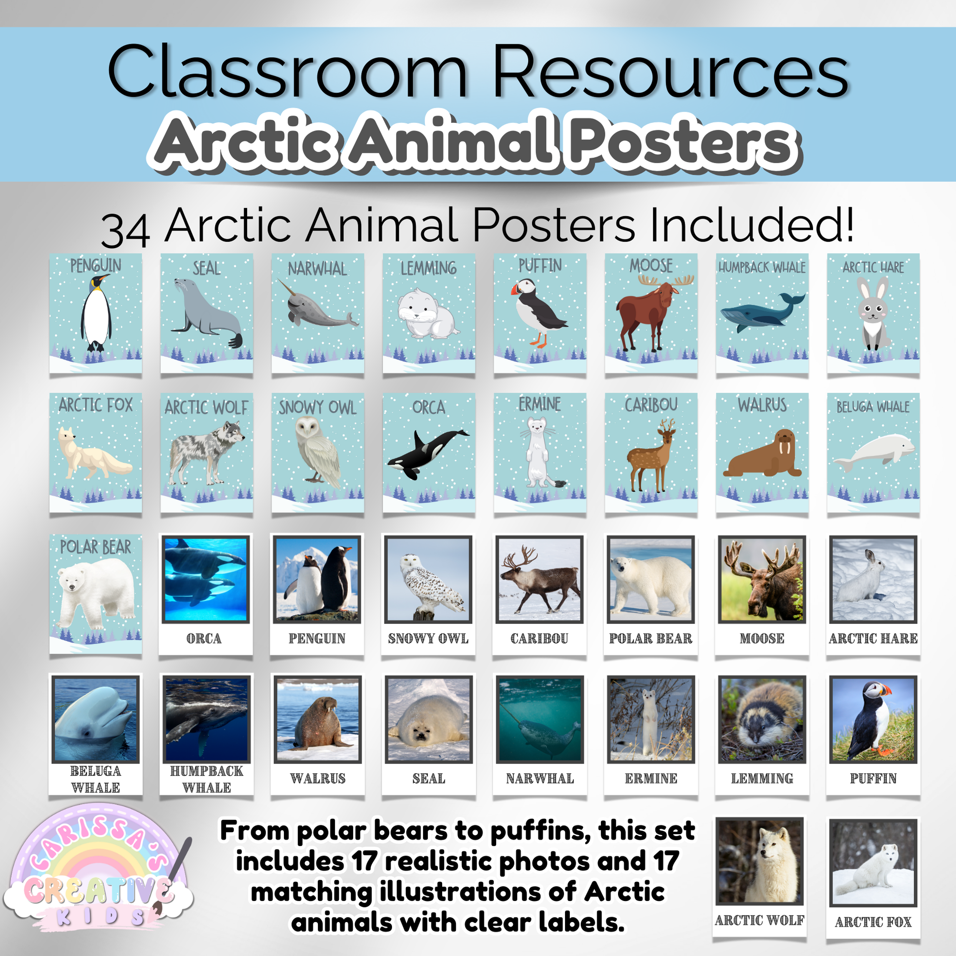 Printable winter classroom decor with Arctic animals. Beautiful educational wall art for teachers and parents.