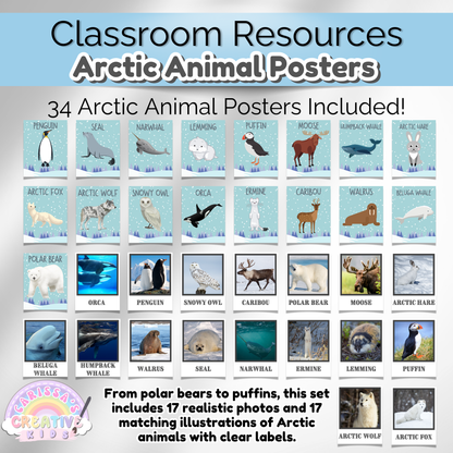 Printable winter classroom decor with Arctic animals. Beautiful educational wall art for teachers and parents.