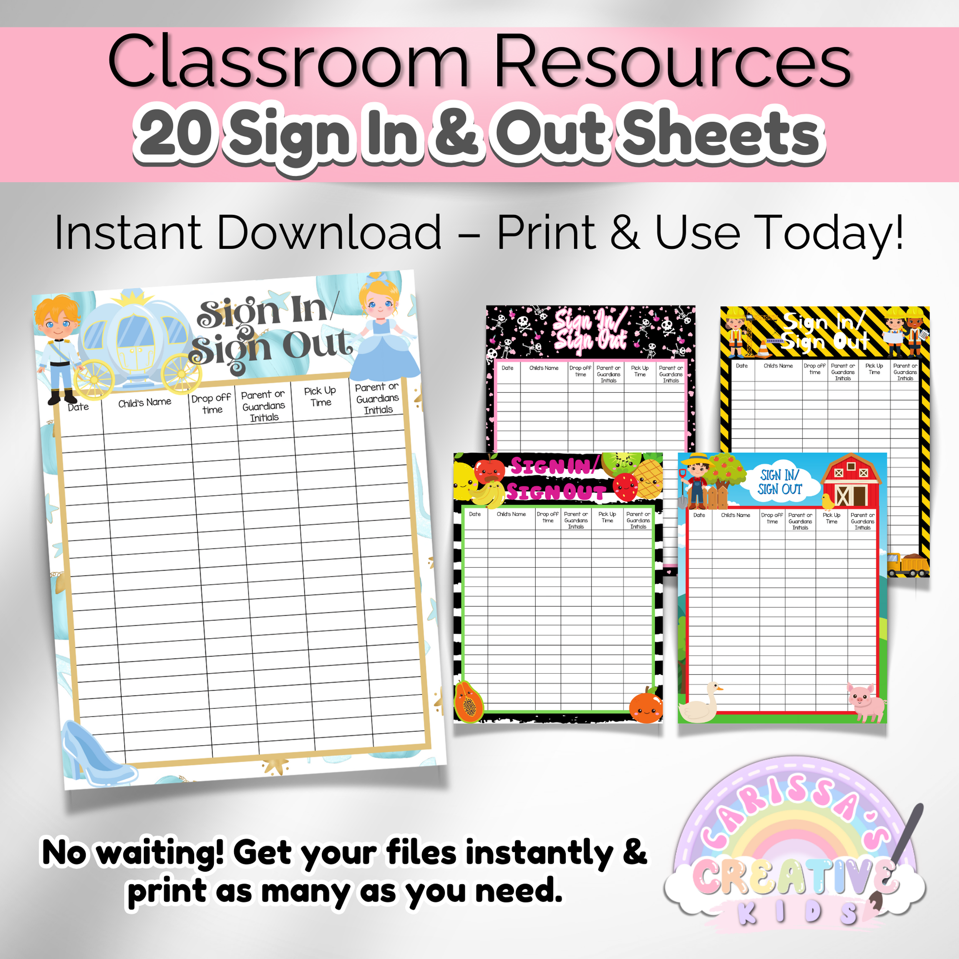 Five uniquely designed daycare sign-in sheets with bright, engaging themes, including sports, forest animals, and cheerful pastel colors.
