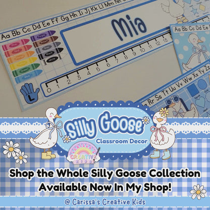 Silly Goose Desk Name Plates | Blue Gingham Editable Student Desk Labels