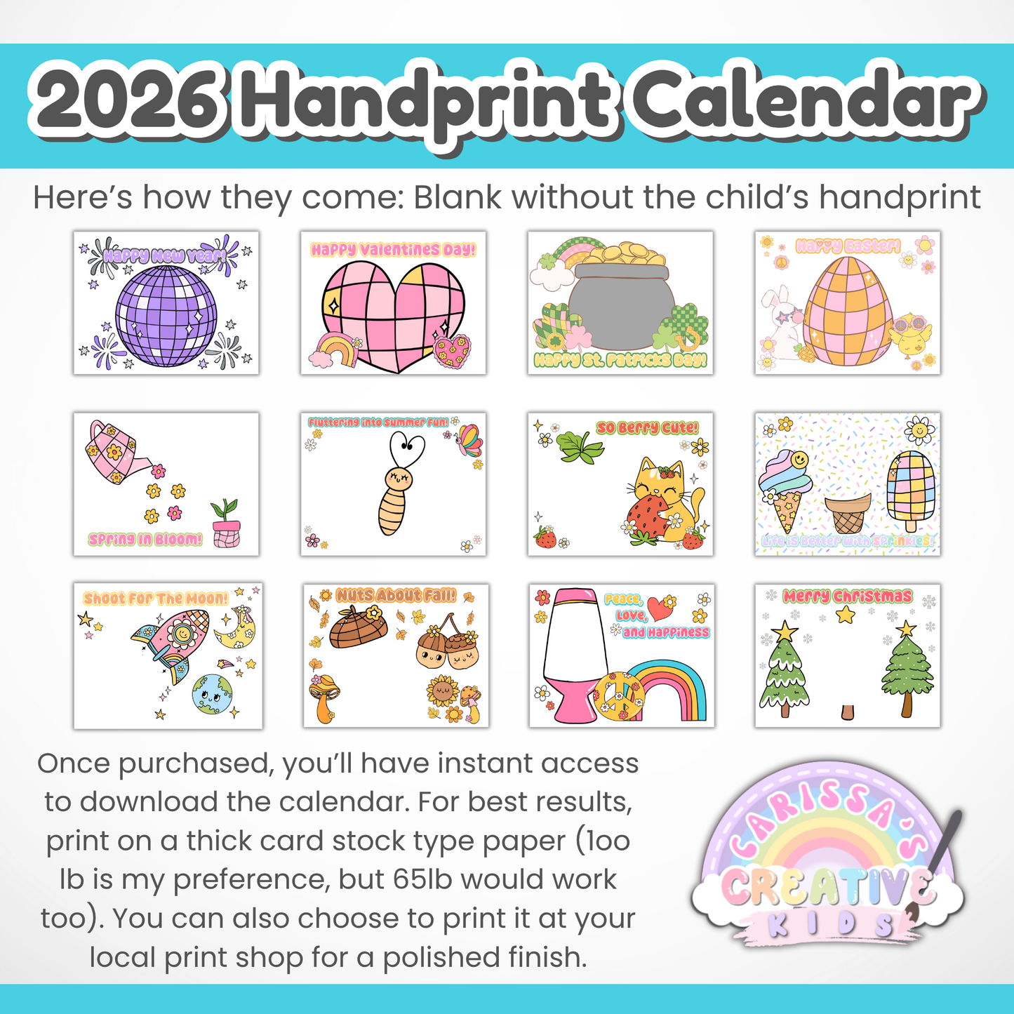 Preview of blank 2026 handprint calendar pages shown without child's handprints. Ready-to-print monthly calendar for kids' crafts, baby keepsakes, or preschool activities. Ideal for Christmas gifts and DIY art projects.