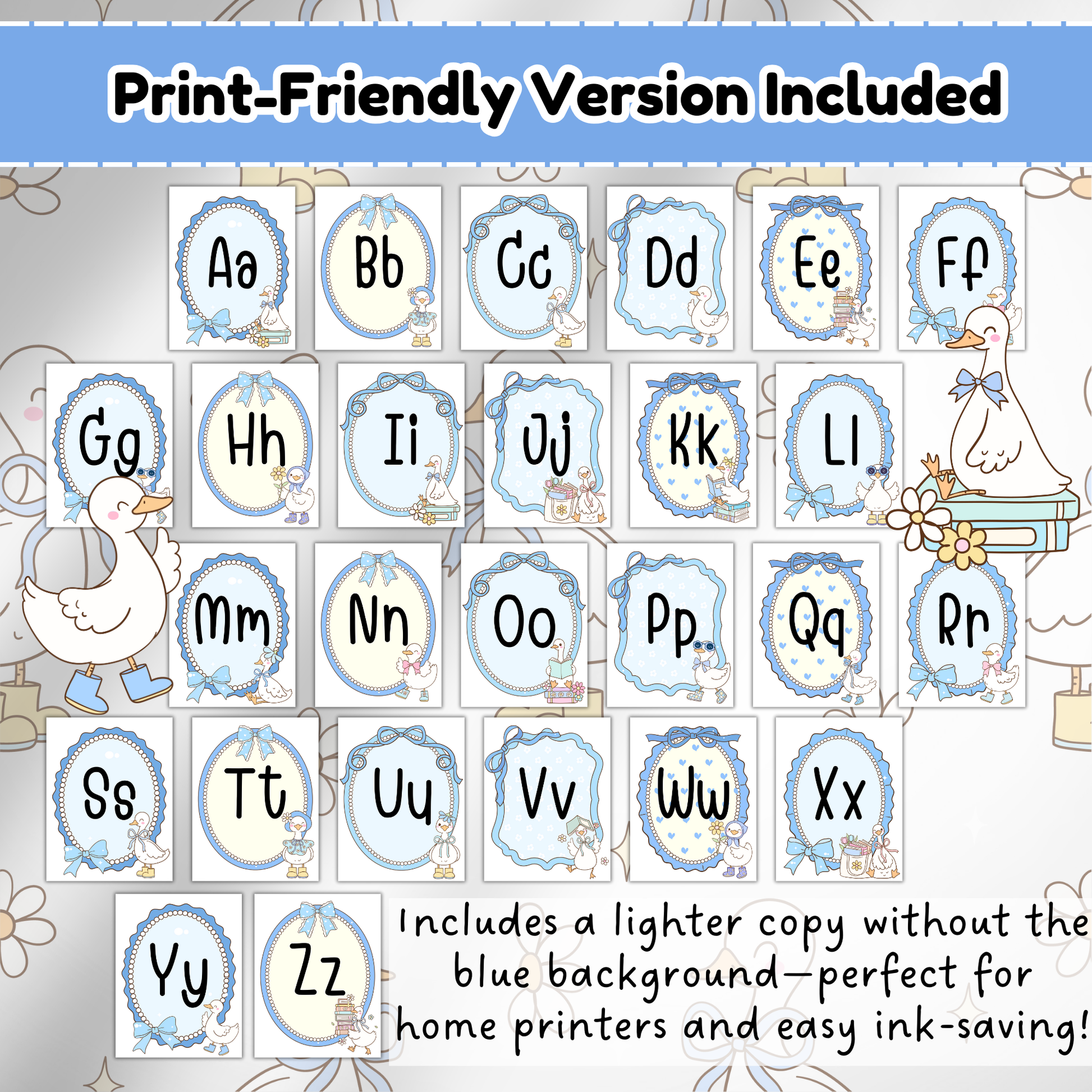Print-friendly version of silly goose alphabet posters with soft pastel outlines and no background; designed to save ink while still fitting vintage classroom, daycare, or playroom decor themes.