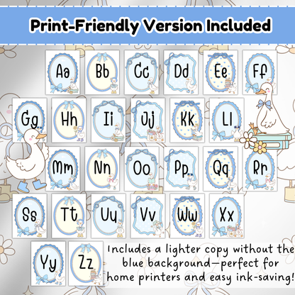 Print-friendly version of silly goose alphabet posters with soft pastel outlines and no background; designed to save ink while still fitting vintage classroom, daycare, or playroom decor themes.
