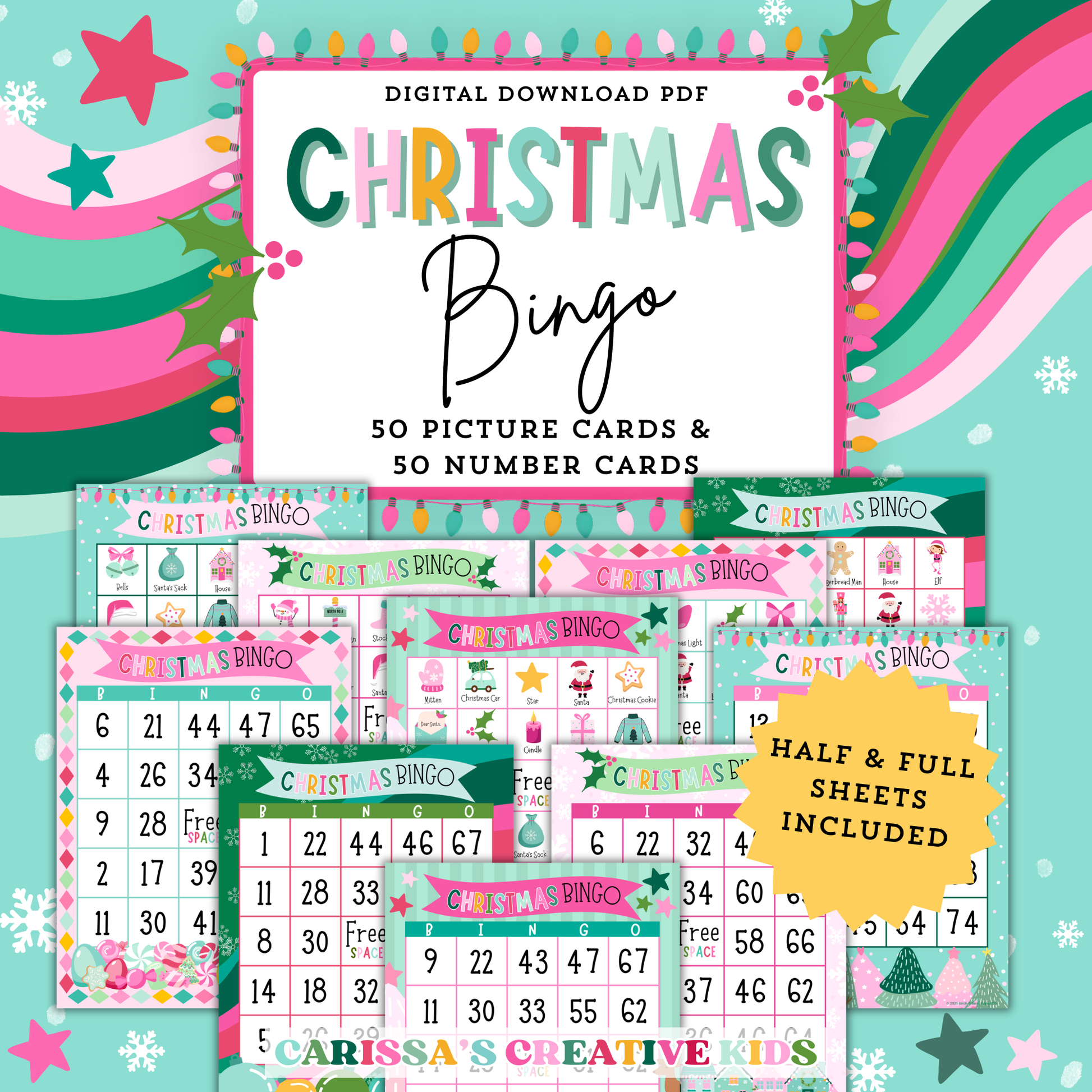 Printable Christmas Bingo game with 50 unique picture cards and 50 number cards in festive designs. Includes full and half sheet layouts, perfect for classroom party games, family bingo nights, or holiday gatherings. Digital download PDF with calling sheets and instructions.