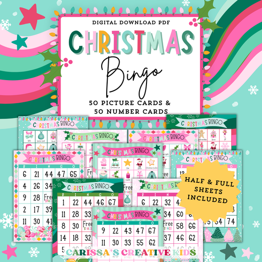 Printable Christmas Bingo game with 50 unique picture cards and 50 number cards in festive designs. Includes full and half sheet layouts, perfect for classroom party games, family bingo nights, or holiday gatherings. Digital download PDF with calling sheets and instructions.