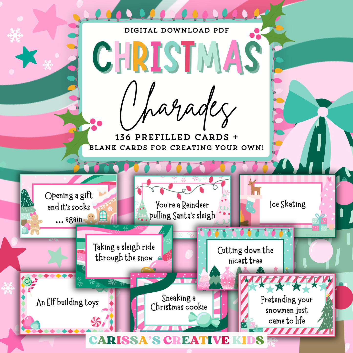 Printable Christmas Charades party game for kids and families. Includes 136 prefilled charades cards plus blank templates for custom prompts. Features pastel holiday theme in pink, mint, and red. Great for Christmas party games, office party, classroom fun, or family holiday gatherings. Instant PDF digital download.