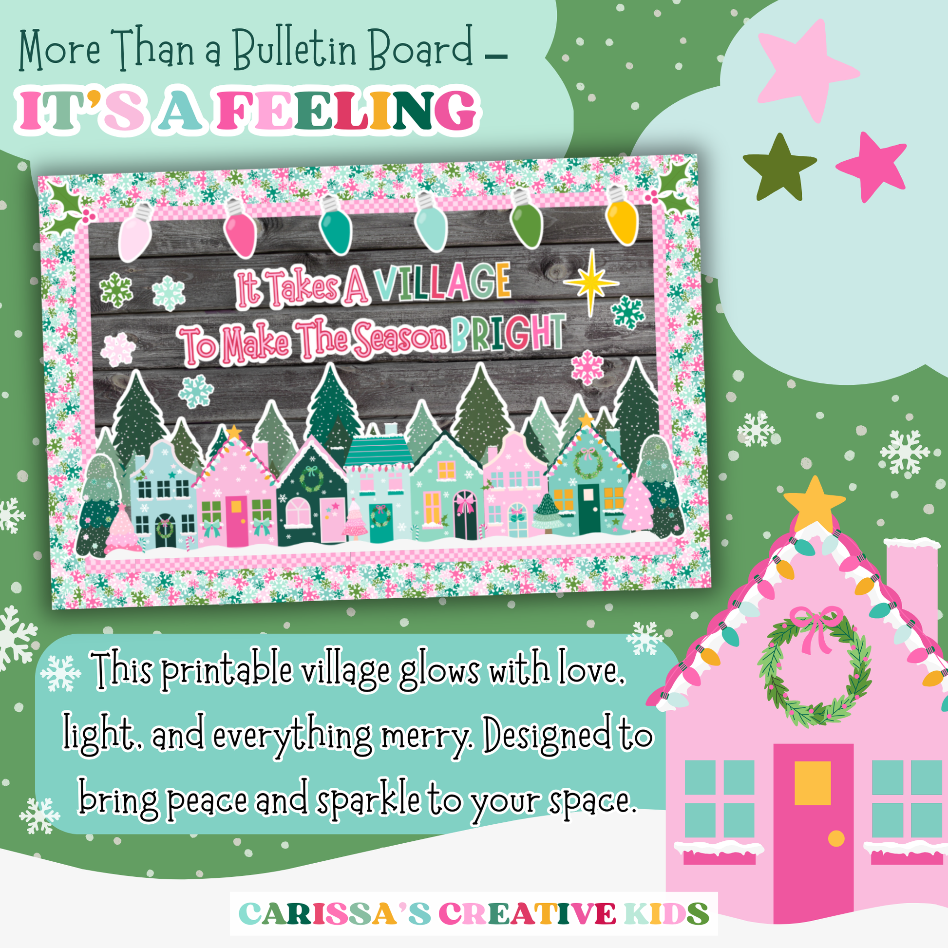 More than a bulletin board — this printable pastel Christmas village display brings peace, sparkle, and seasonal joy to any preschool or kindergarten classroom.