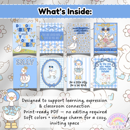 Preview of 8 printable classroom posters featuring pastel silly goose artwork and encouraging phrases like “Be a little silly, be a lot kind” and “You are loved here”—ideal for creating a cozy, vintage-inspired classroom or playroom environment.