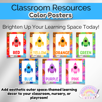 Classroom wall art with an outer space theme. Bright color posters to enhance any learning space.