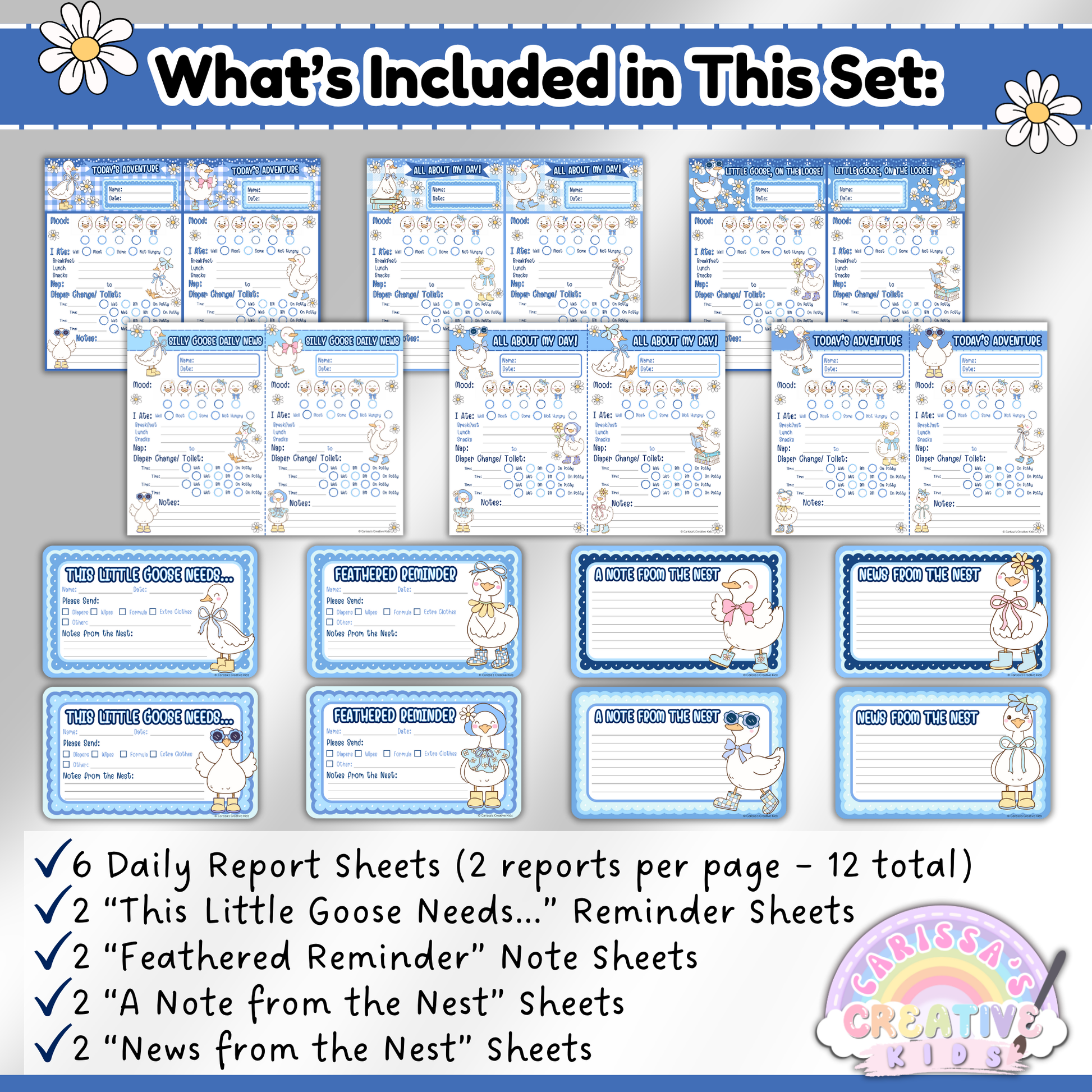 Overview of printable daycare forms set for infants, toddlers, and preschoolers. Includes 6 editable daily report sheets (2 per page), plus note and reminder sheets: “This Little Goose Needs,” “Feathered Reminder,” “A Note from the Nest,” and “News from the Nest.” Great for childcare centers and infant rooms.