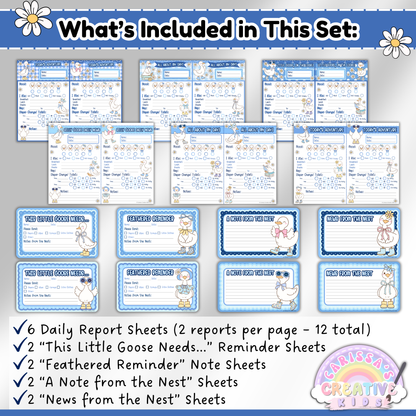 Overview of printable daycare forms set for infants, toddlers, and preschoolers. Includes 6 editable daily report sheets (2 per page), plus note and reminder sheets: “This Little Goose Needs,” “Feathered Reminder,” “A Note from the Nest,” and “News from the Nest.” Great for childcare centers and infant rooms.