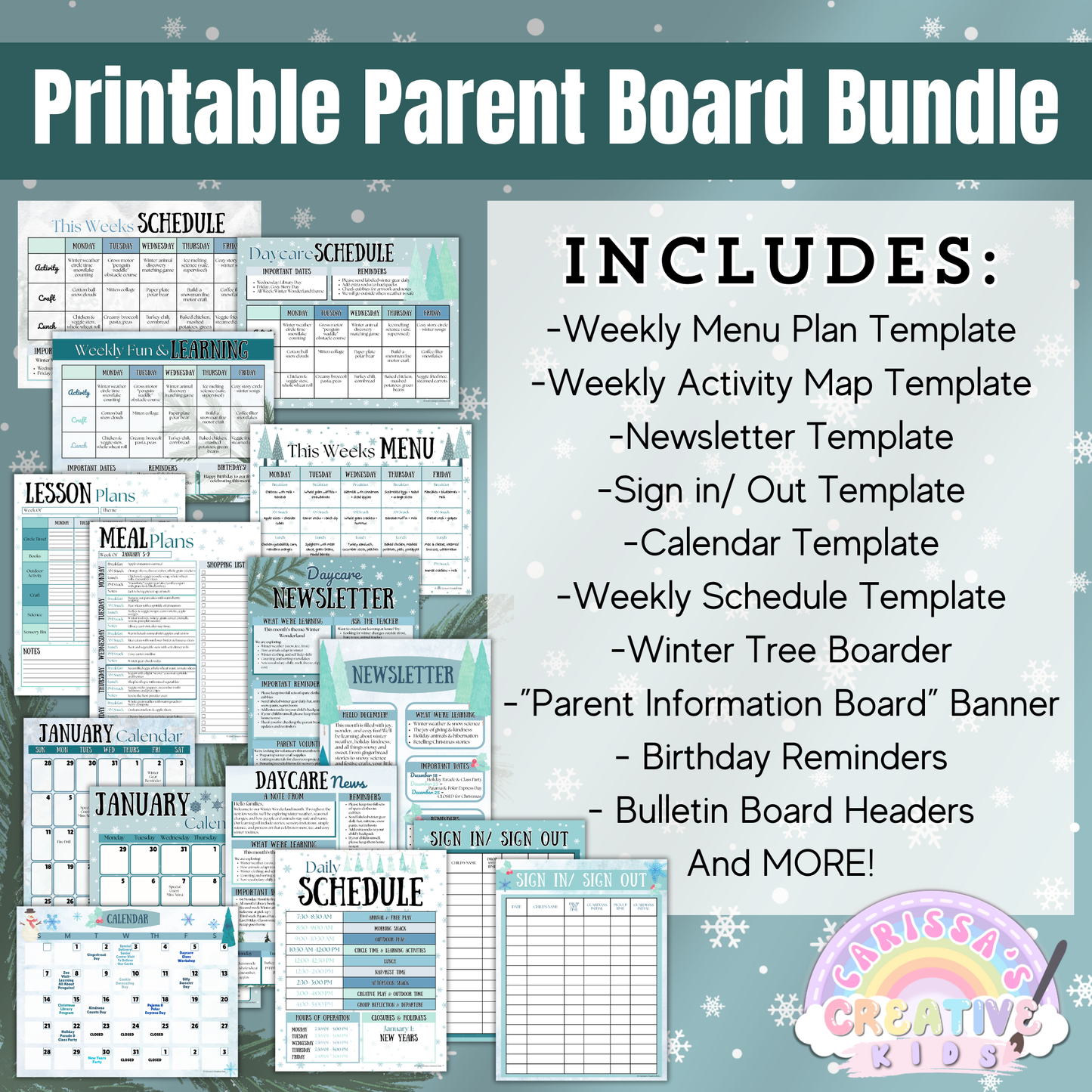 Preview of the Printable Parent Board Bundle for daycare and preschool. Displays editable templates for a weekly menu, lesson plans, calendar, sign-in/out sheet, daily schedule, newsletters, and activity plans. Includes winter-themed bulletin board decor like tree borders, birthday reminders, and a “Parent Information Board” banner. Perfect for home daycare organization and preschool decor.