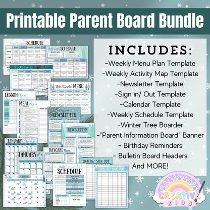 Preview of the Printable Parent Board Bundle for daycare and preschool. Displays editable templates for a weekly menu, lesson plans, calendar, sign-in/out sheet, daily schedule, newsletters, and activity plans. Includes winter-themed bulletin board decor like tree borders, birthday reminders, and a “Parent Information Board” banner. Perfect for home daycare organization and preschool decor.