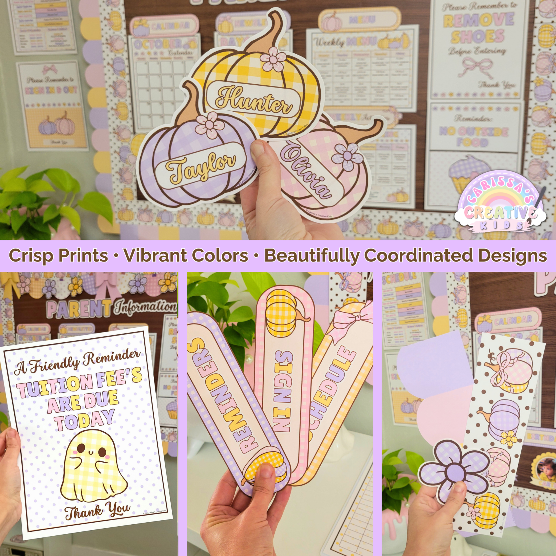 Beautifully coordinated printable daycare parent board kit with vibrant colors and crisp prints. Includes editable reminders, headers, cubby name tags, and accent pieces — perfect for creating a cheerful, professional daycare or preschool display.