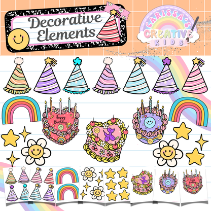 Printable birthday decor cutouts including party hats, cakes, rainbows, stars, and smiley flowers. Use these elements to enhance your classroom birthday board or wall. Fun, retro designs made for preschool and elementary teachers.