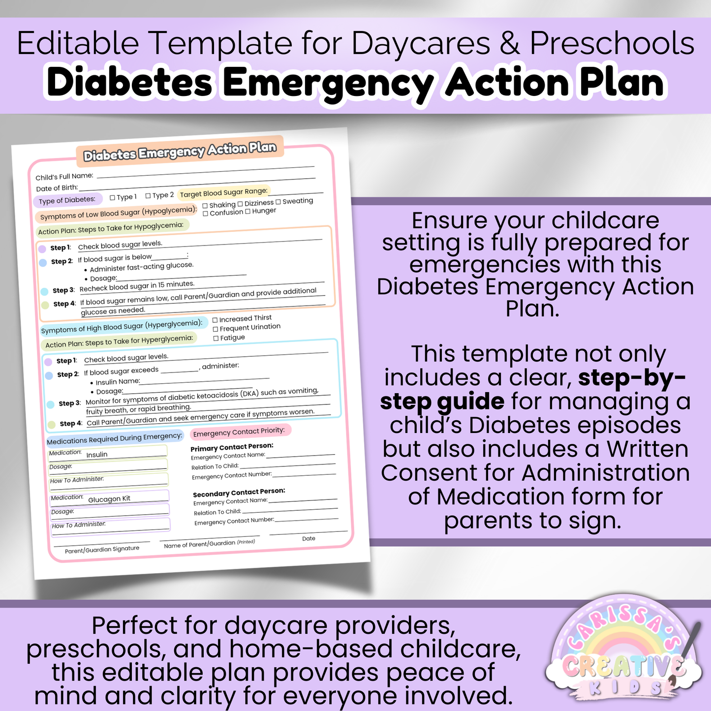 User-friendly Diabetes Action Plan form for preschool or home daycare providers—supports diabetic care through clear instructions, medication consent, and emergency response steps.