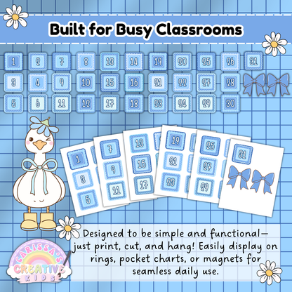 Printable Classroom Flip Calendar – Editable Date Cards for Teachers with Numbers 1 to 31 and Blue Bow Accents in Silly Goose Theme