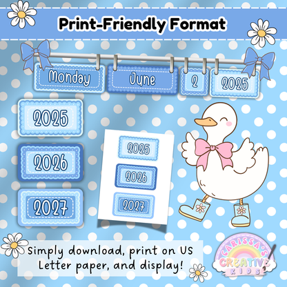 Print-Friendly Classroom Flip Calendar – Editable Year Cards and Daily Date Display for Blue Silly Goose Theme