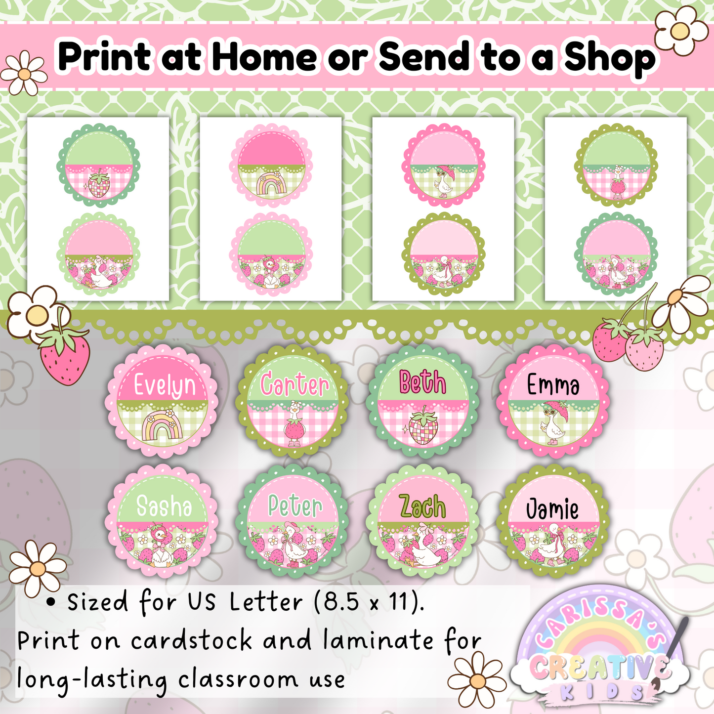 Printable Goose-Berry name tags for preschool and daycare shown on US Letter pages. Features pastel tones, strawberries, and cute geese illustrations for easy at-home or shop printing.