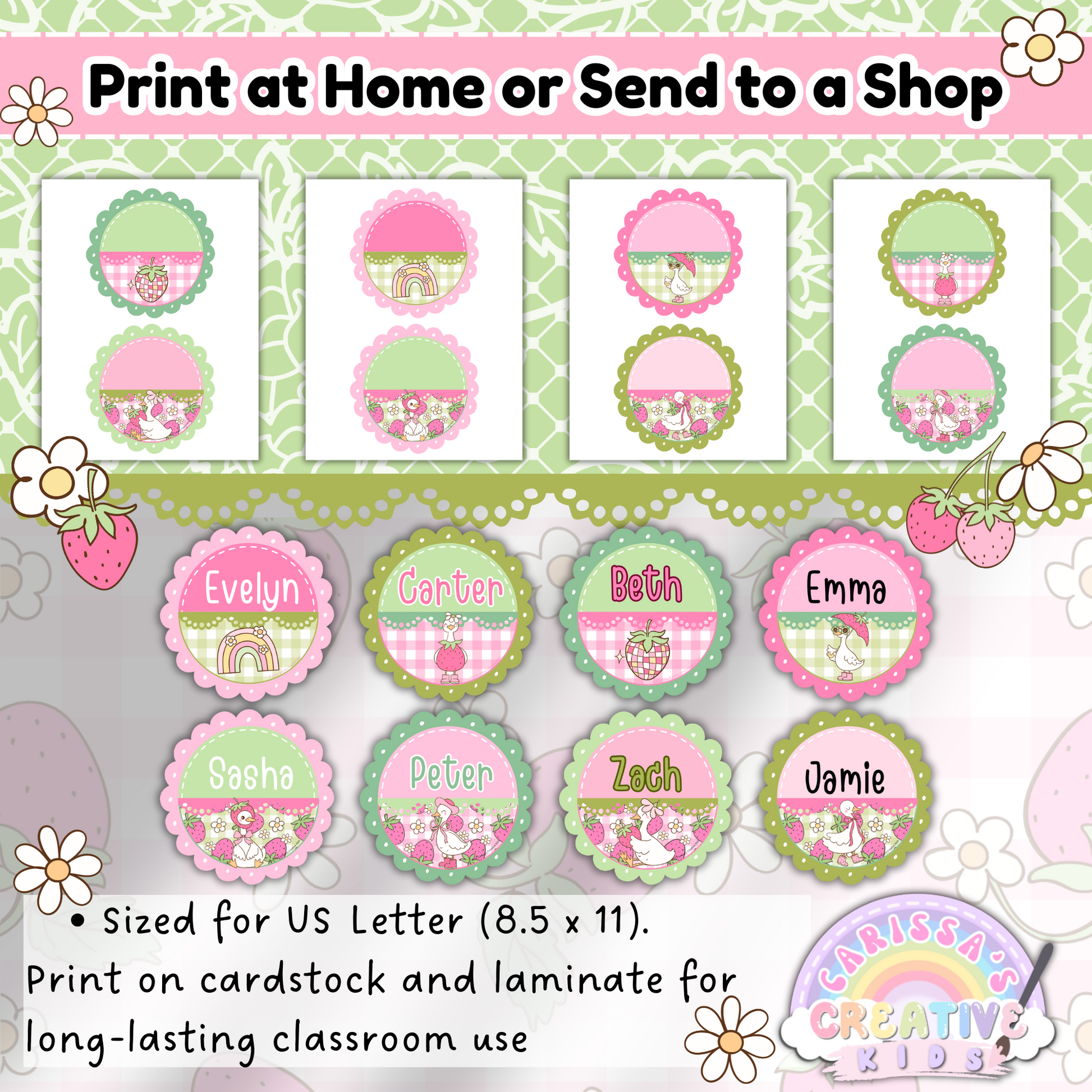 Printable Goose-Berry name tags for preschool and daycare shown on US Letter pages. Features pastel tones, strawberries, and cute geese illustrations for easy at-home or shop printing.