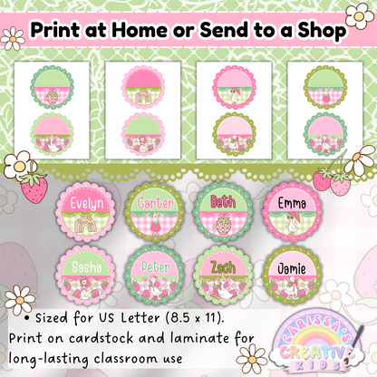 Printable Goose-Berry name tags for preschool and daycare shown on US Letter pages. Features pastel tones, strawberries, and cute geese illustrations for easy at-home or shop printing.