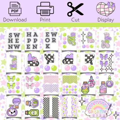 Preview of printable Halloween bulletin board kit with PDF pages showing lettering, potion bottles, borders, stars, and bows. Designed for easy classroom use—just download, print, cut, and display. Ideal for pastel Halloween wall decor or fall bulletin boards.