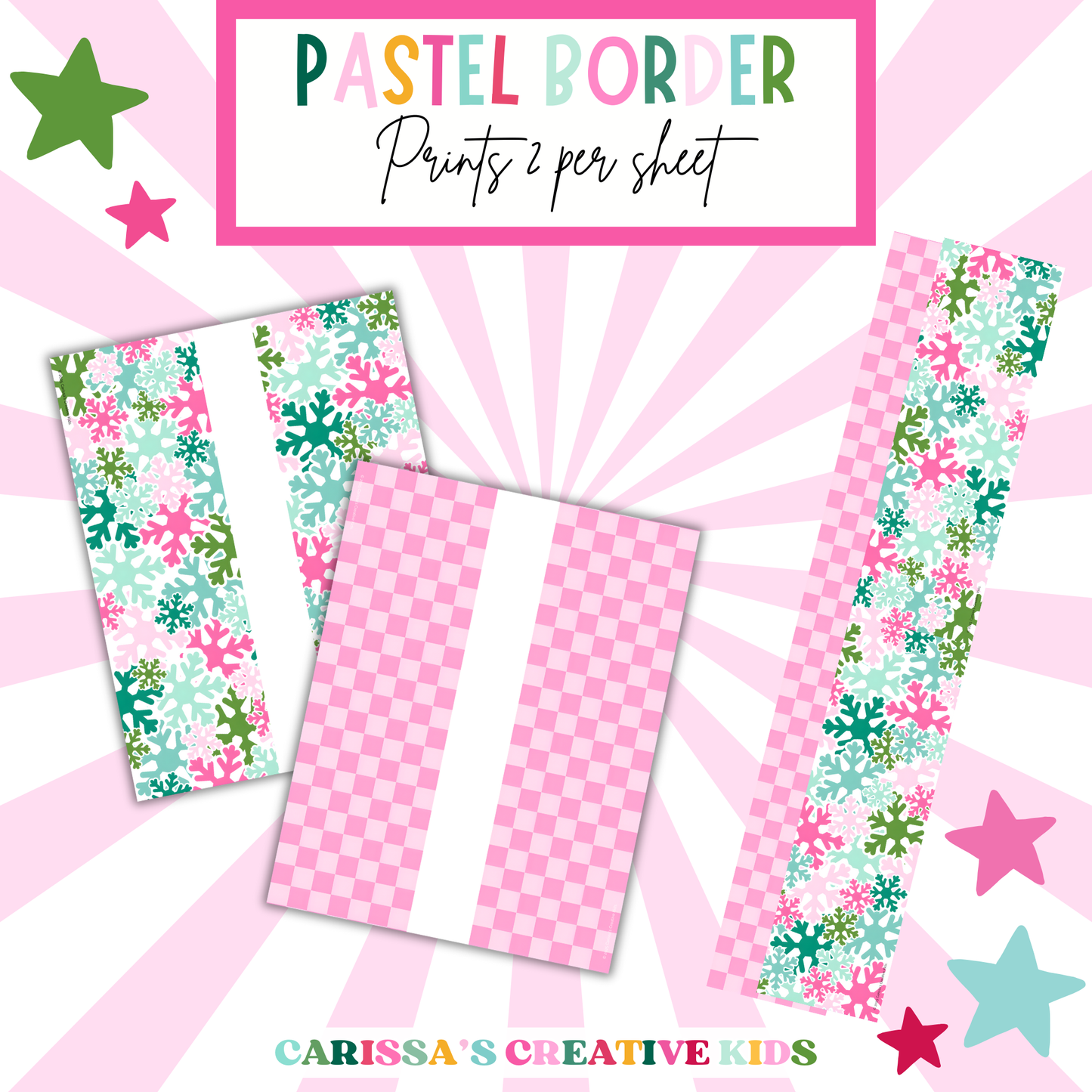 Printable pastel bulletin board borders featuring pink checkered and snowflake patterns, designed to complement Christmas classroom decor — prints two strips per sheet.