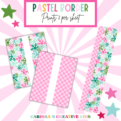 Printable pastel bulletin board borders featuring pink checkered and snowflake patterns, designed to complement Christmas classroom decor — prints two strips per sheet.