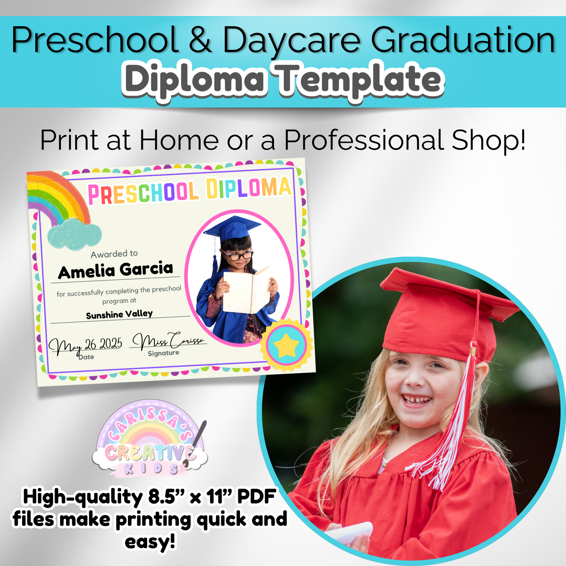 Editable preschool and daycare graduation certificate template shown with smiling child in cap and gown, ideal for home or professional printing as an 8.5 x 11 PDF diploma.