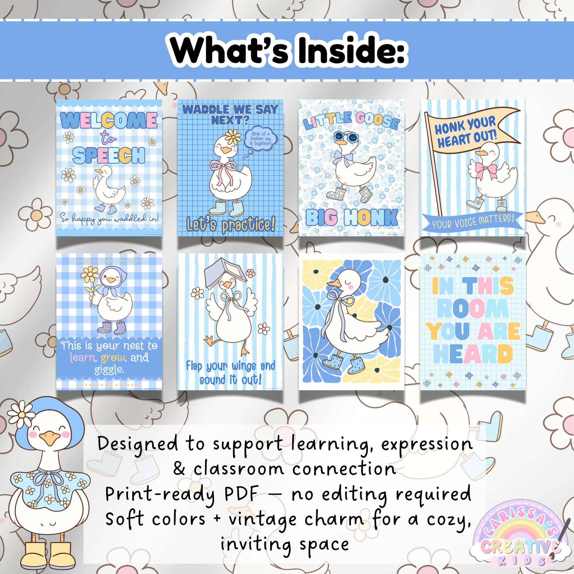 Preview of printable speech therapy posters for SLP classrooms, featuring silly goose characters, positive messages, and soft pastel designs; includes captions like “Let’s Practice” and “Your Voice Matters,” ideal for speech therapy decor and calming classroom spaces.
