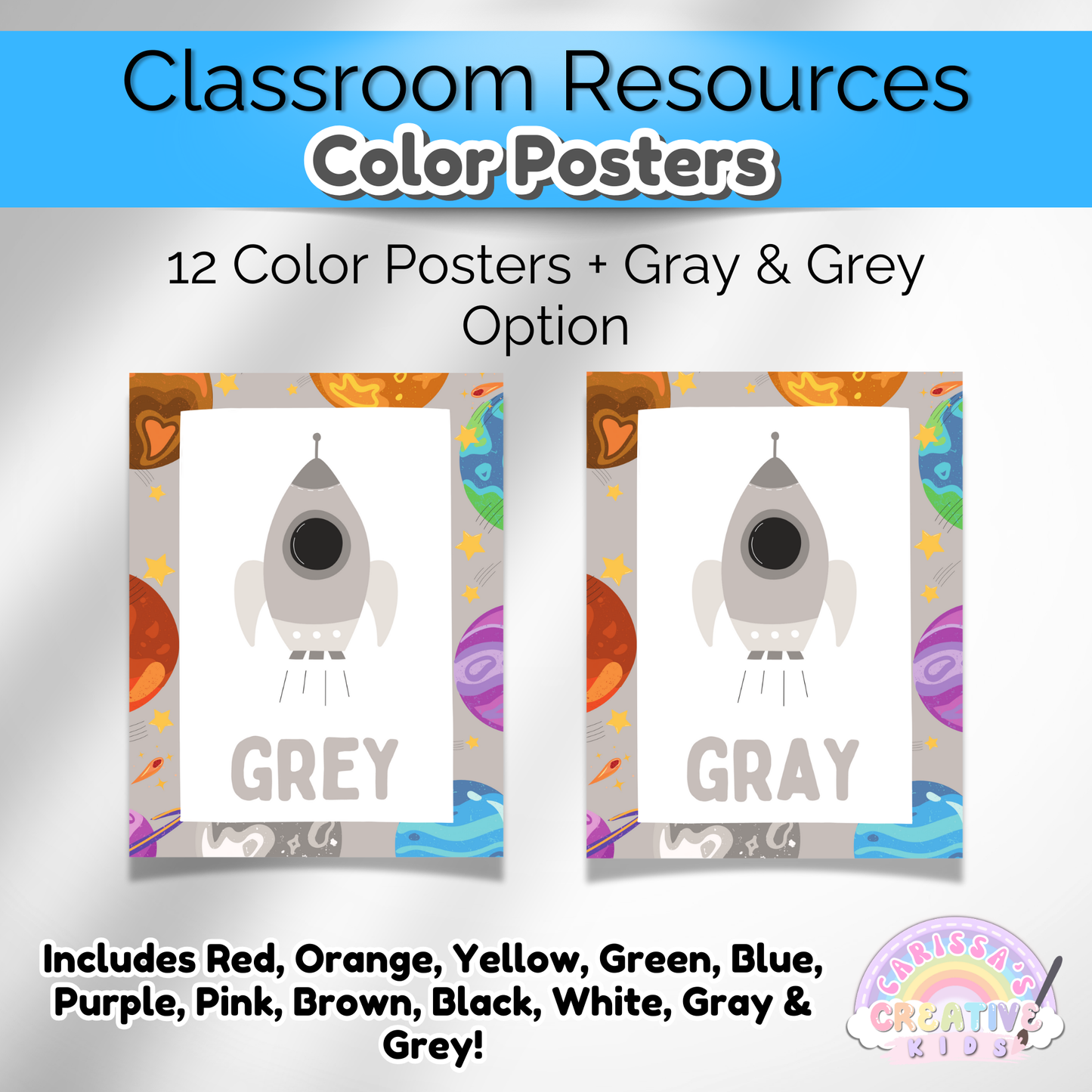 Preschool space color learning posters designed for early education, featuring vibrant planets and stars.